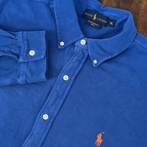 Polo‎ Ralph Lauren Featherweight Mesh Button Down Shirt Mens XL Blue Orange Pony